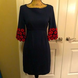 Trina Turk Navy Red floral embroidered bell sleeve dress